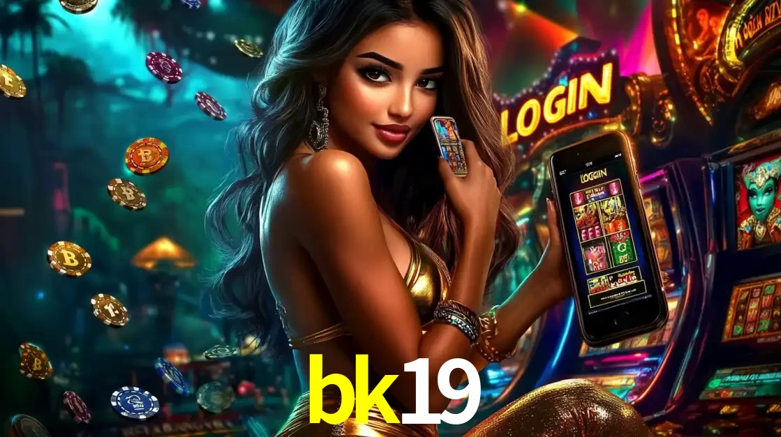 Mulher em um cenário de cassino temático de aventura, mostrando o app de caça-níqueis da bk19 no celular. Fichas de apostas flutuam ao redor.