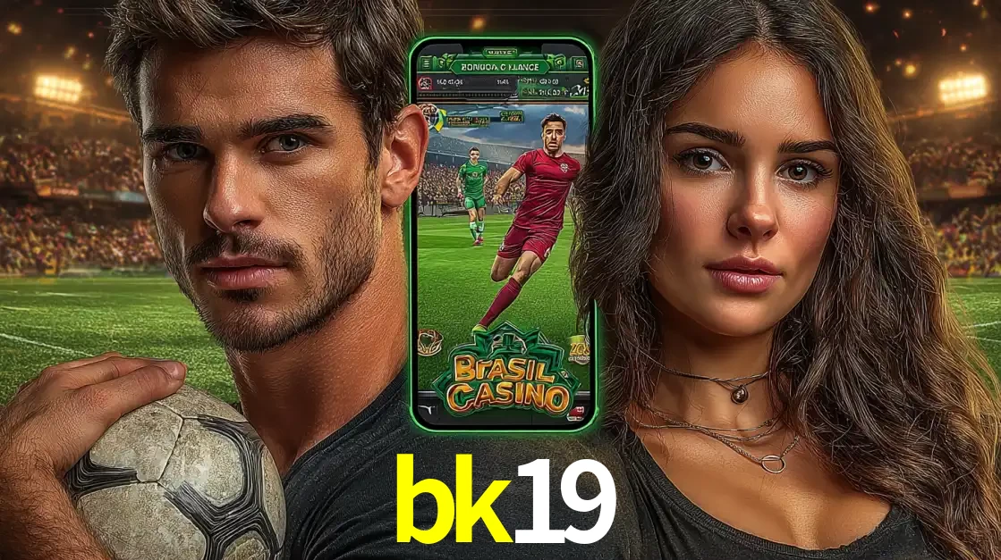 Homem segurando uma bola de futebol e uma mulher ao lado de um smartphone exibindo o jogo de apostas esportivas da bk19. Faça seu palpite no cassino online.